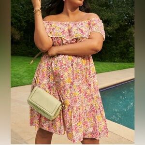 Terra Sky Off On Shoulder SunDress 3X Ruffled Short Dress Floral Cotton Peasant